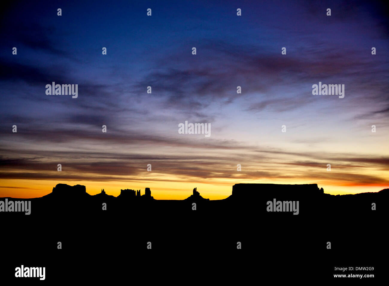 Dawn, sunrise at Monument Valley Navajo Tribal Park, border between Arizona and Utah, AZ, UT, United States of America, USA, US Stock Photo