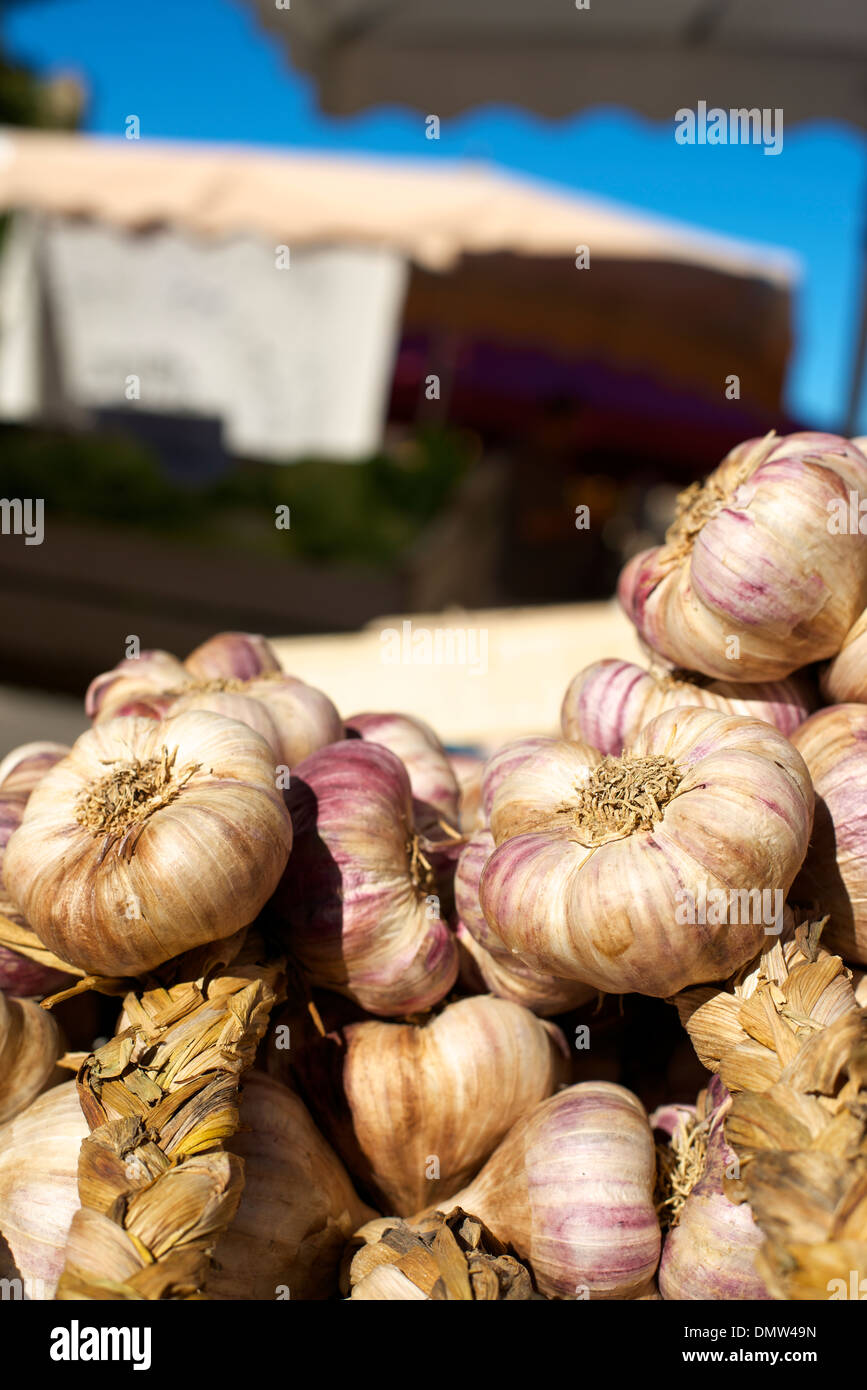 Garlic Aioli for sale at a market stall in the Bastide town of Domme, Dordogne, France Stock