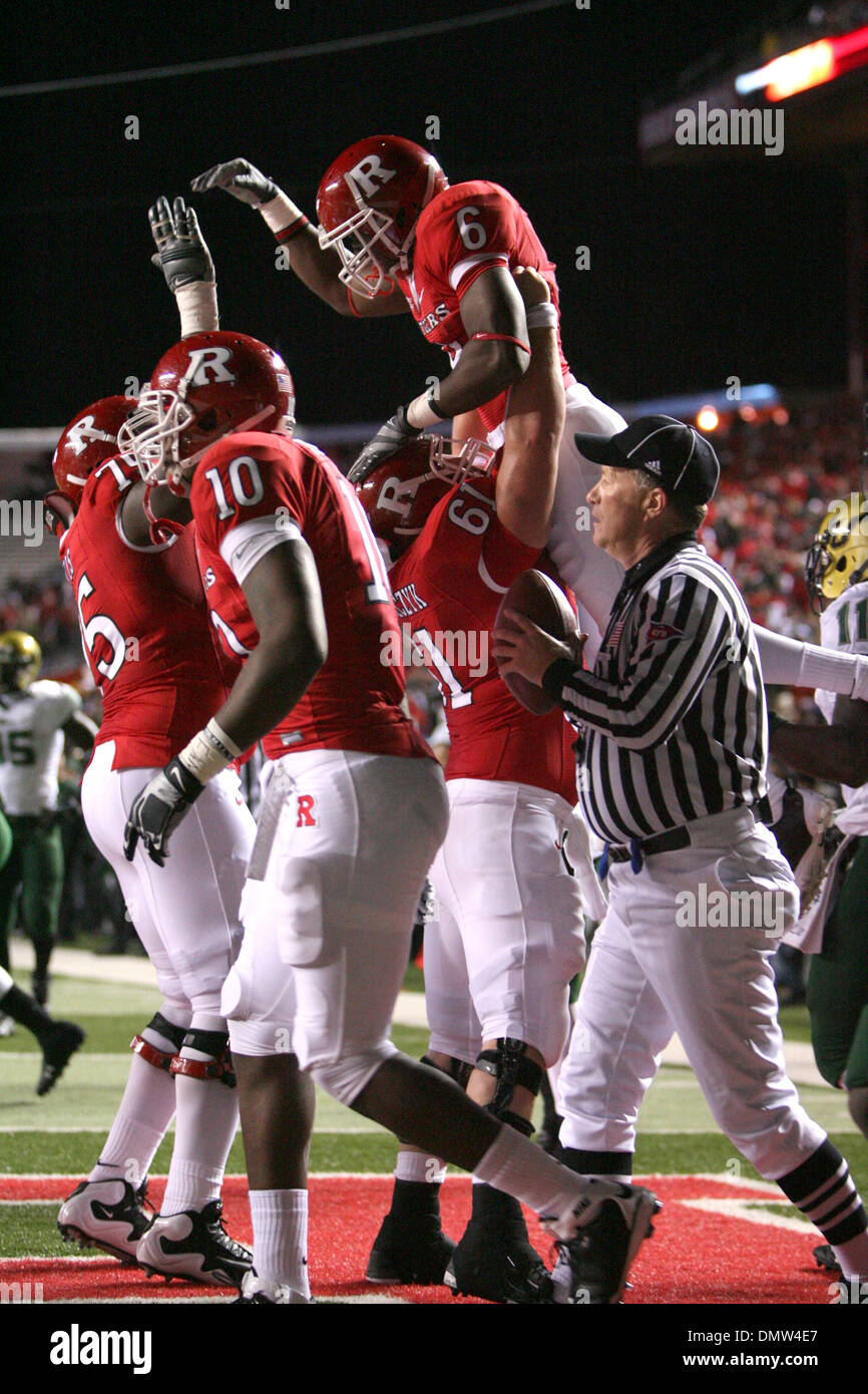 Nov. 18, 2009 - Piscataway, New Jersey, U.S - 12 November 2009; Piscataway, New Jersey:  Rutgers celebrates the first touchdown of the game for Rutgers wide receiver Mohamed Sanu #6 in game action during the first half of play of the NCAA football game between the USF Bulls and the Rutgers Scarlet Knights played at Rutgers Stadium in Piscataway, New Jersey.  At the half, Rutgers le Stock Photo