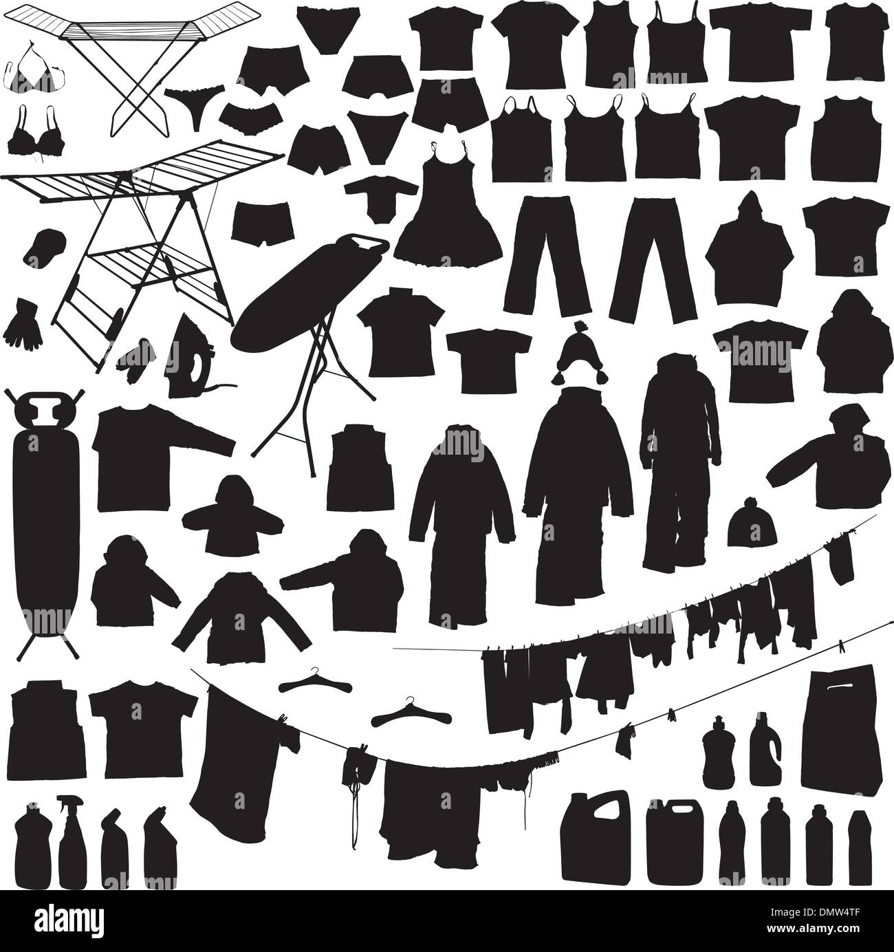 Laundry objects black and white silhouettes Stock Vector