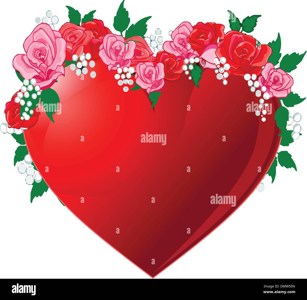 Red heart  flanked by roses Stock Vector