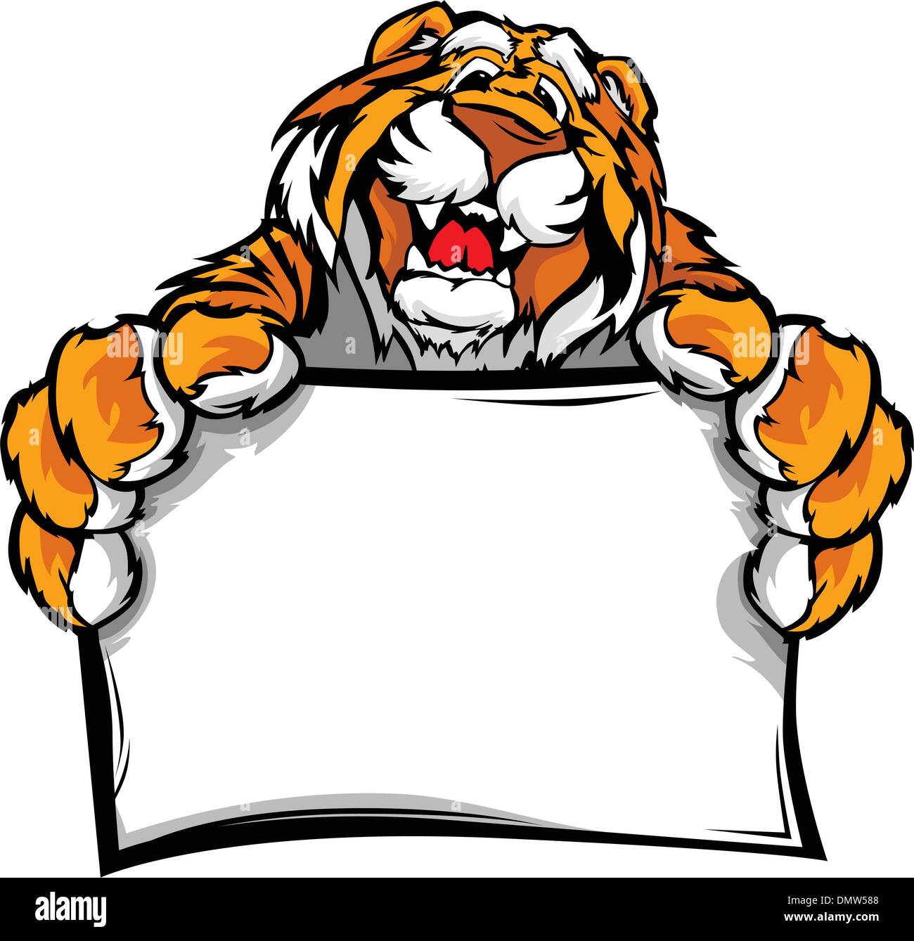 Graphic Vector Image of a Happy Cute Tiger Mascot holding sign Stock Vector