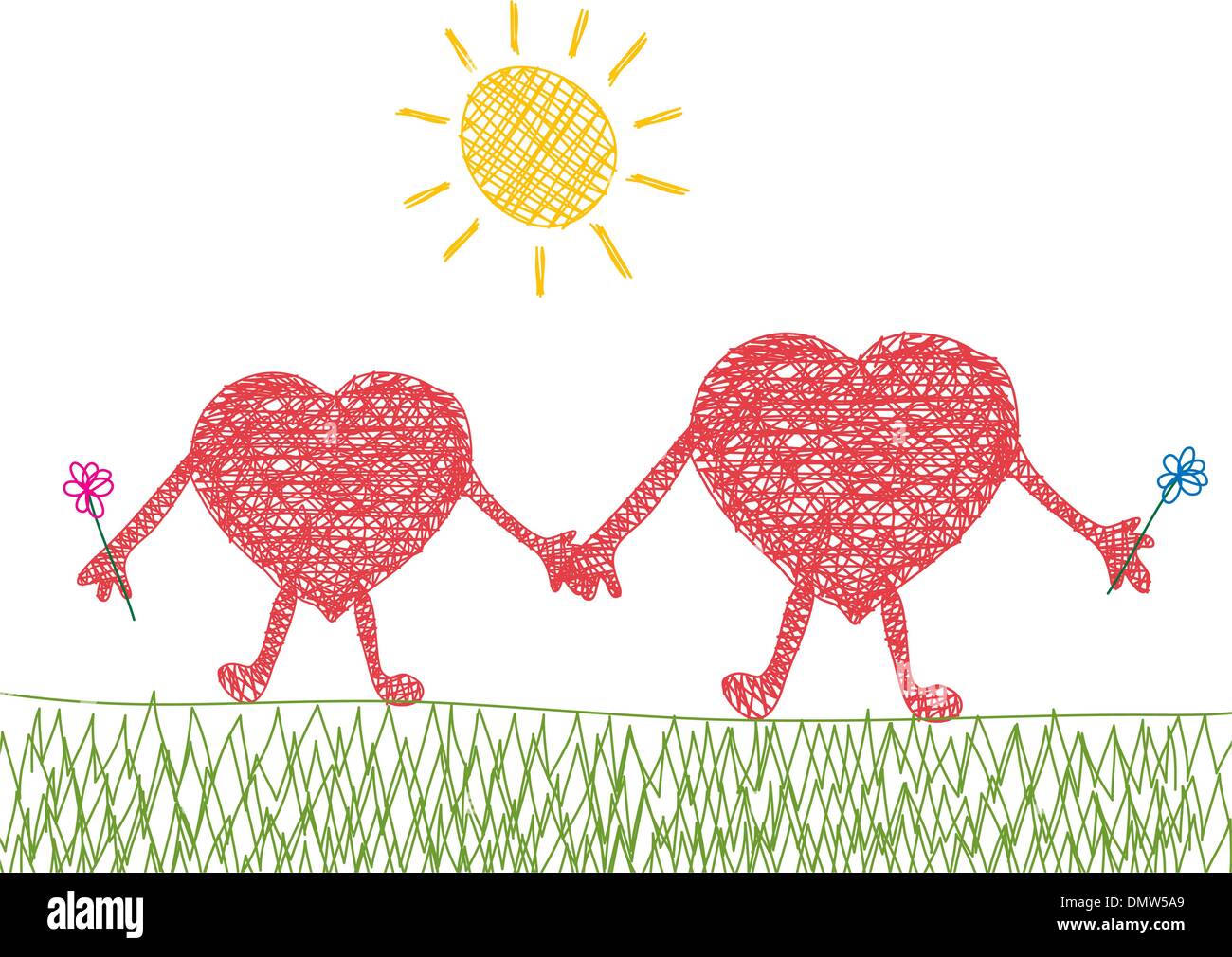 vector valentine drawing of two hearts in love Stock Vector