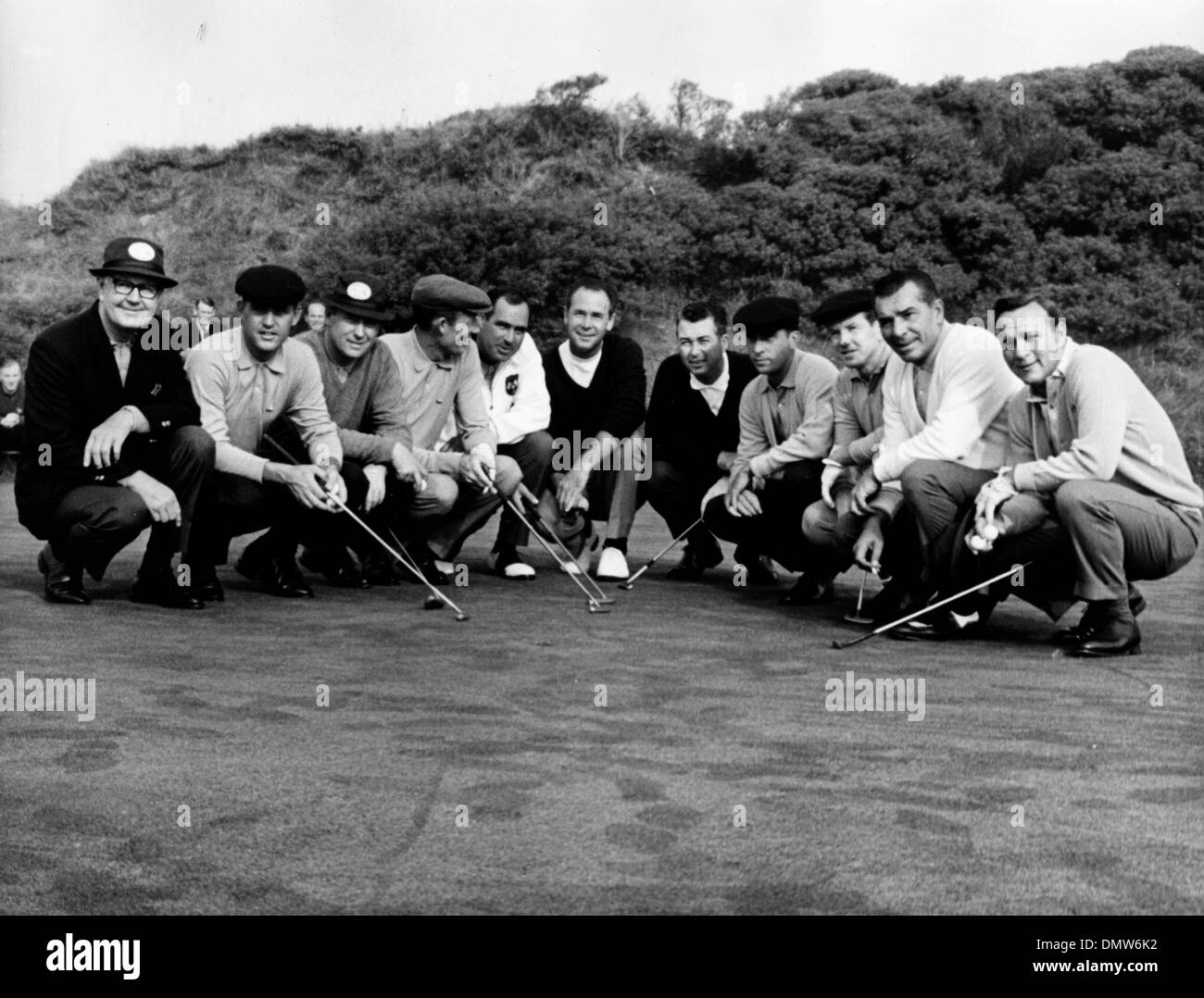 Oct. 6, 1965 - London, England, U.K. - Golfers who will compete in the British Open's Ryder Cup from American team, (L-R) BYRON NELSON, TOMMY JACOBS, BILLY CASPER, DON JANUARY, JOHNNY POTT, TONY LEMA, KEN VENTURI, DAVE MARR, GENE LITTLER, JULIUS BOROS and ARNOLD PALMER.  (Credit Image: © KEYSTONE Pictures USA/ZUMAPRESS.com) Stock Photo
