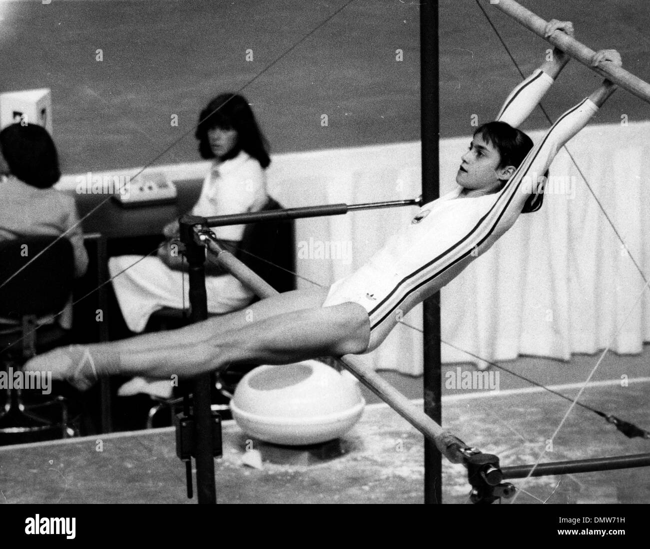 July 22, 1976 - Montreal, Canada - Fourteen year old gymnast NADIA COMANECI competing on the uneven barres at the 1976 Olympic Games in Montreal. (Credit Image: © KEYSTONE Pictures USA/ZUMAPRESS.com) Stock Photo