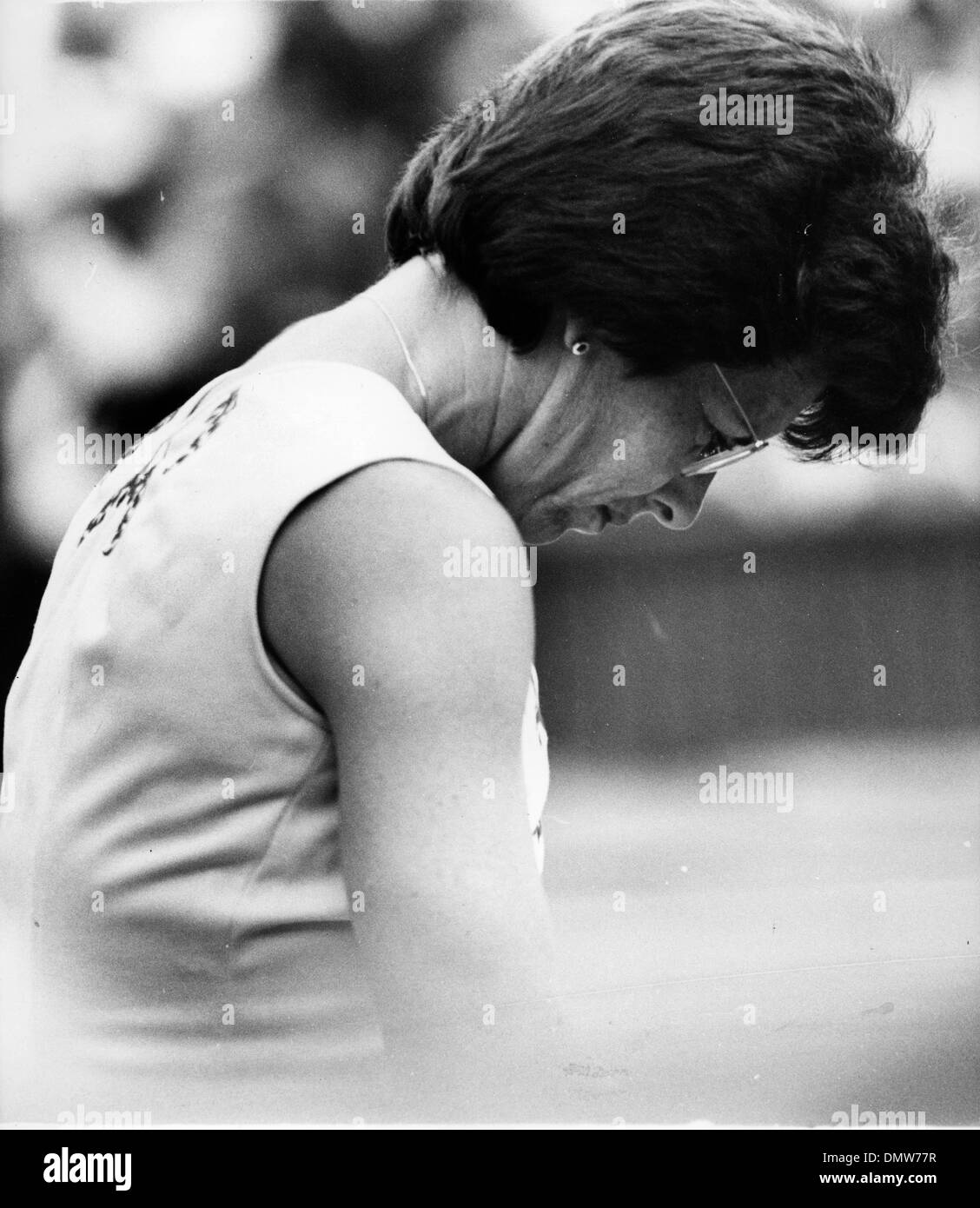 July 4, 1978 - London, England, U.K. - Tennis player BILLIE JEAN KING sits sadly after being beaten by Chris Everet in the quarter-finals at Wimbledon. (Credit Image: © KEYSTONE Pictures USA/ZUMAPRESS.com) Stock Photo