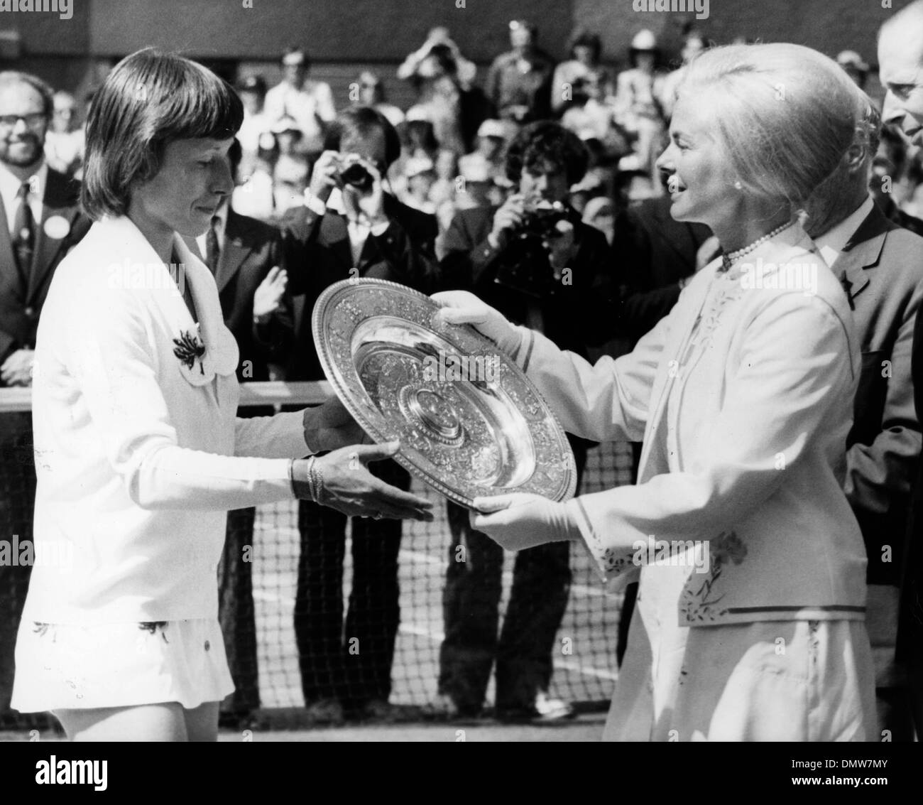 July 5, 1979 - London, England, U.K. - Tennis star MARTINA NAVRATILOVA receives her trophy from the DUCHESS OF KENT after beting Chris Lloyd at the Wimbledon Championships. (Credit Image: © KEYSTONE Pictures USA/ZUMAPRESS.com) Stock Photo