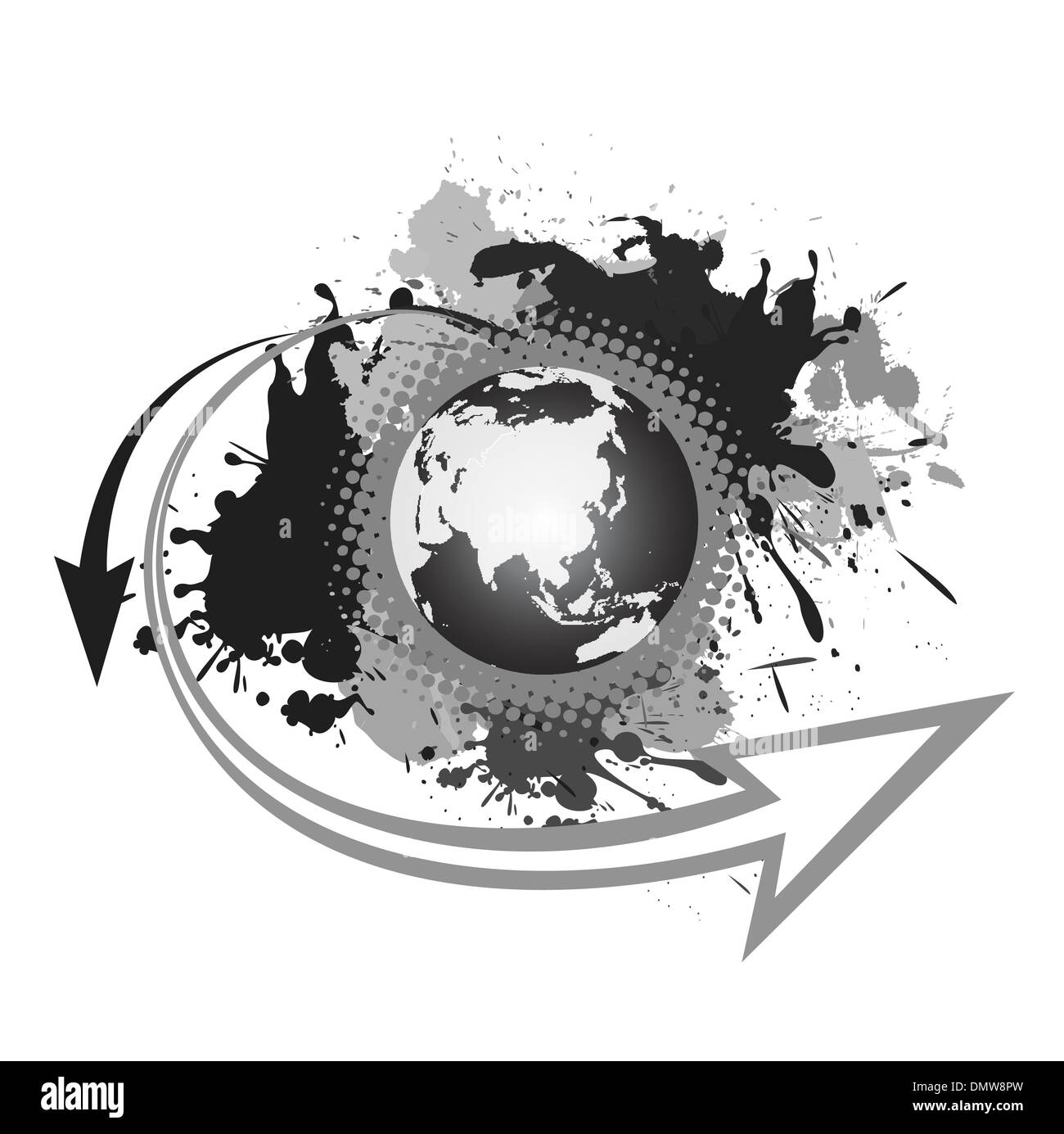 earth with black and white, grey splash and arrows Stock Vector
