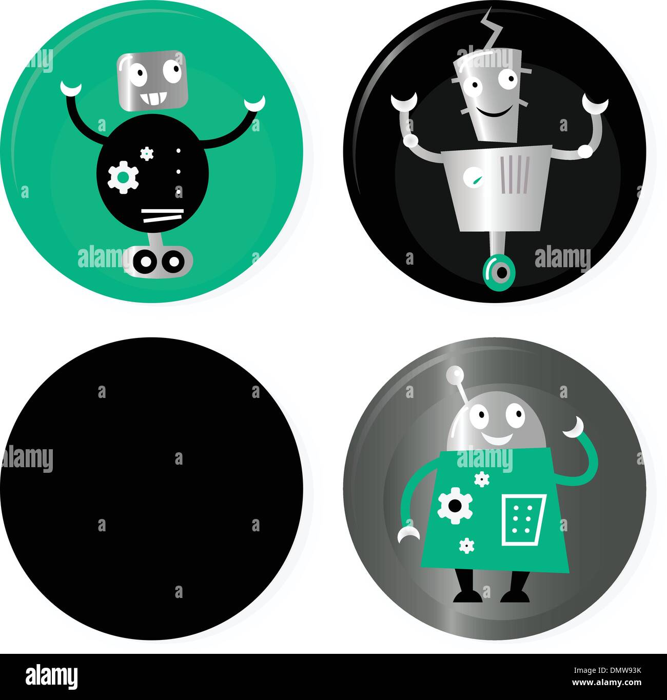 Cute retro robots badget collection isolated on white Stock Vector