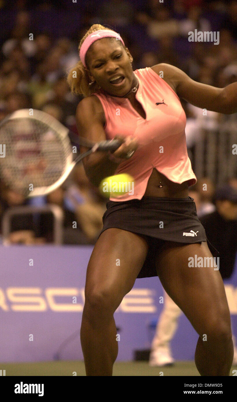 Nov 11, 2002; Los Angeles, CA, USA; Tennis ace SERENA WILLIAMS returns a  volley to Kim Clijsters of Beljium who beat Williams 7-5, 6-3 during the  2002 Home Depot Championships at Staples