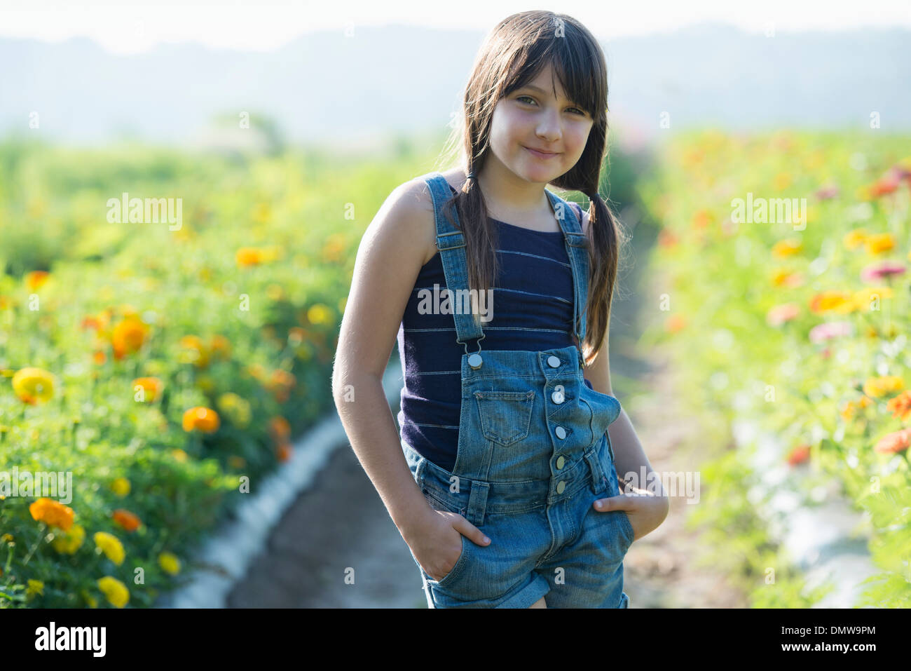 Summer on an organic farm. A young girl in a field of flowers. Stock Photo