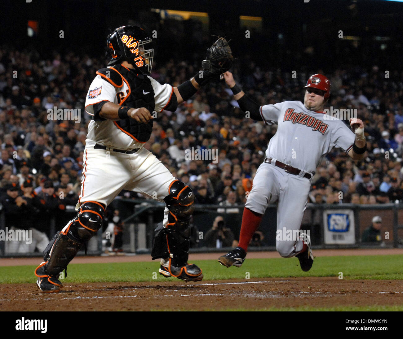 Arizona Diamondbacks Chris Snyder is forced out at home plate by Giants
