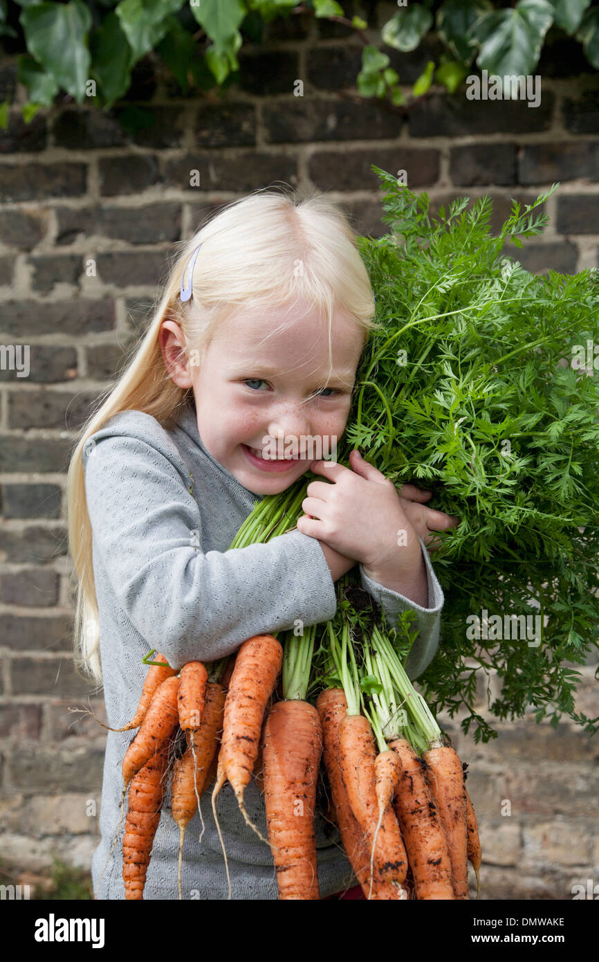 A young girl holding a large bunch of carrots. Stock Photo