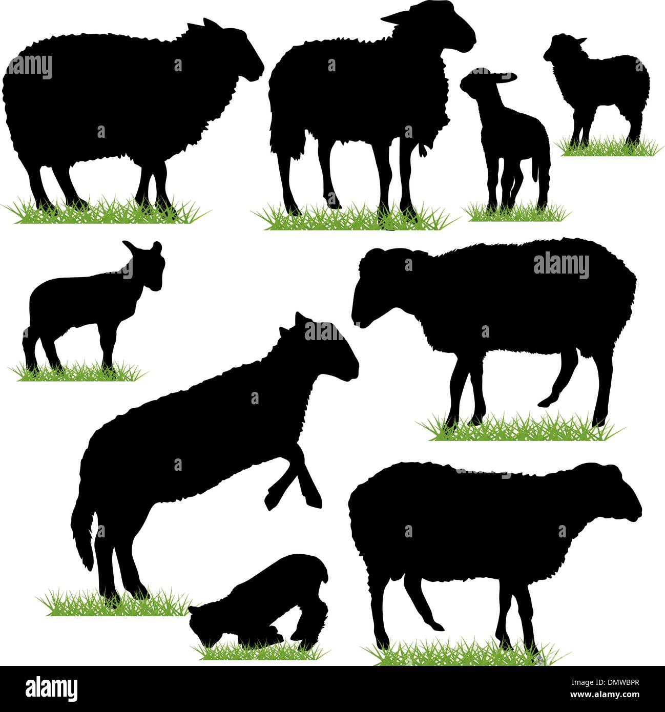 Sheep and Lambs Silhouettes Set Stock Vector