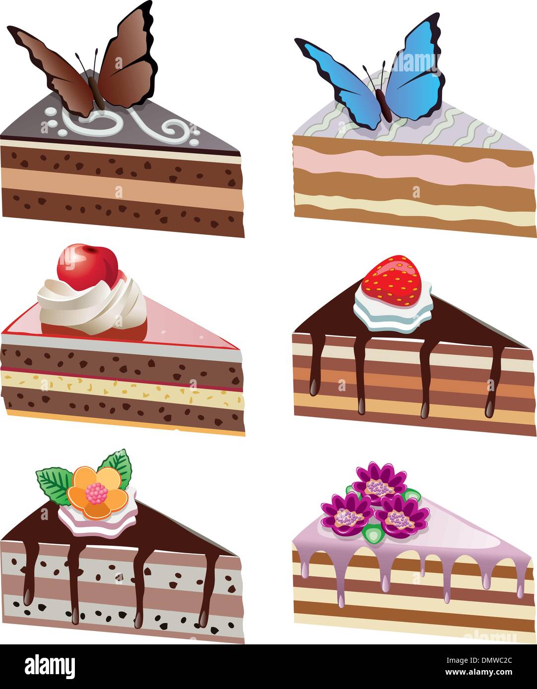 Vector Cake Slices With Fruits Chocolate Butterflies And Flowe