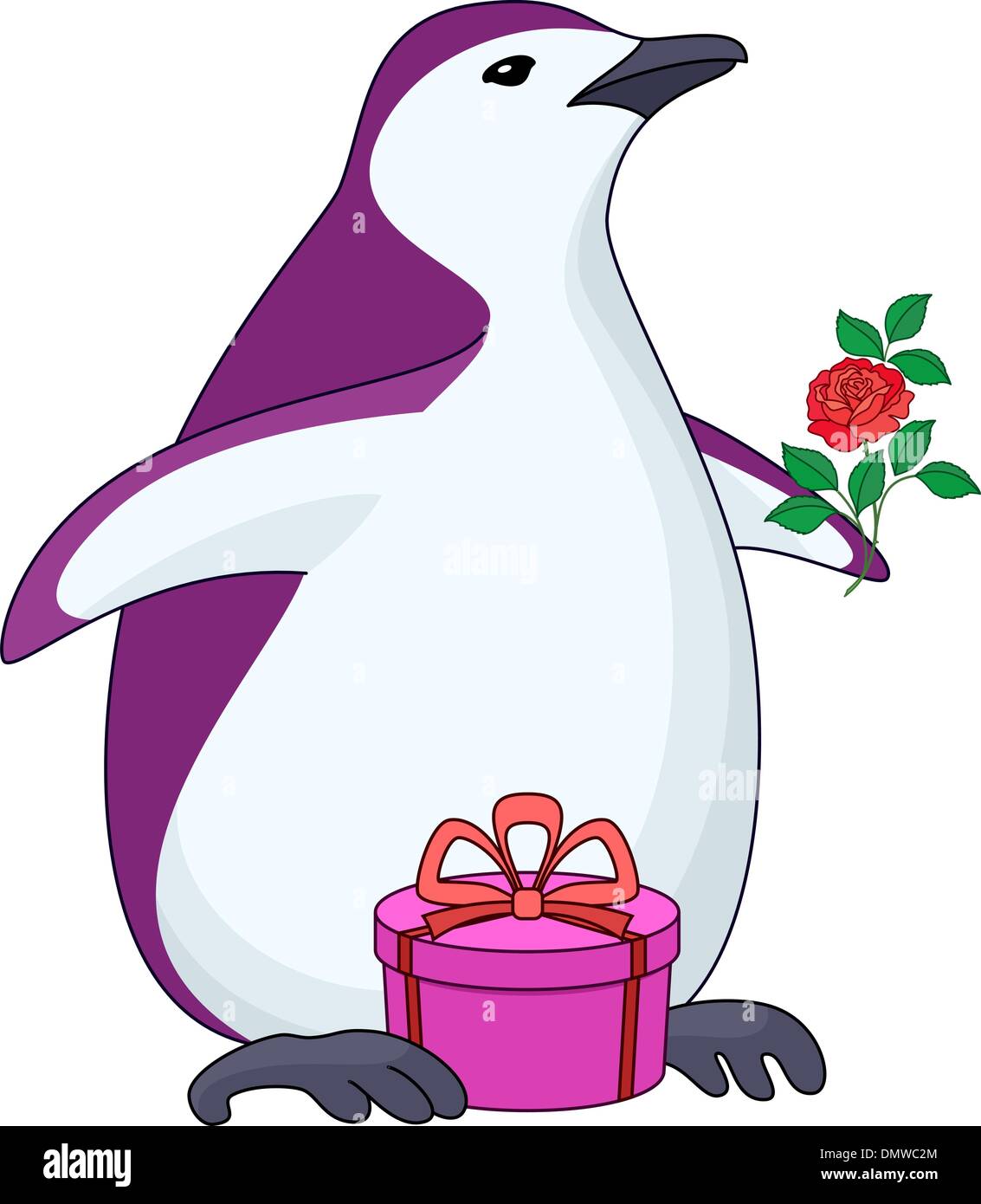 Penguin with gift and rose Stock Vector