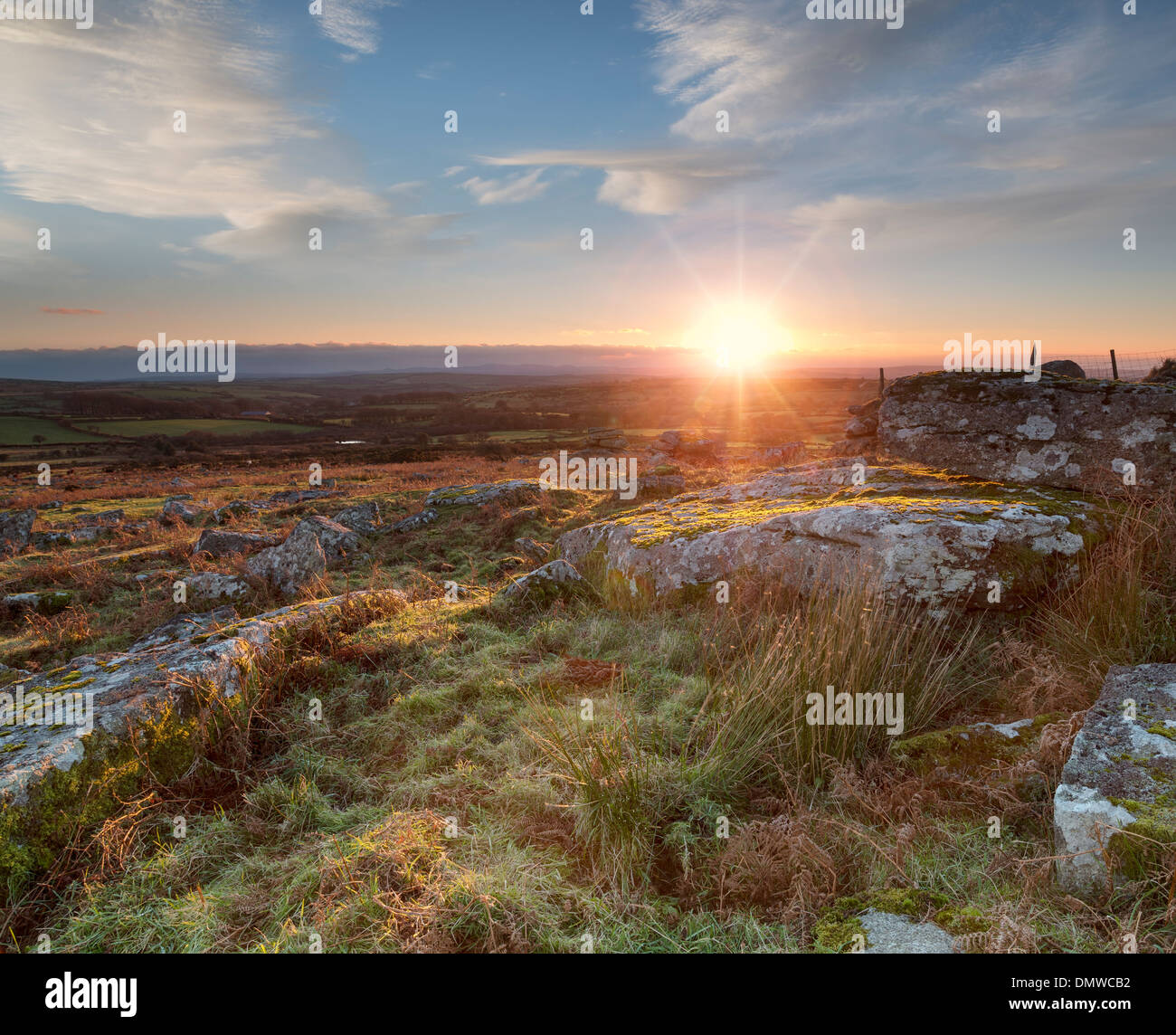 Sunset over Carbilly Tor on Bodmin Moor in Cornwall Stock Photo