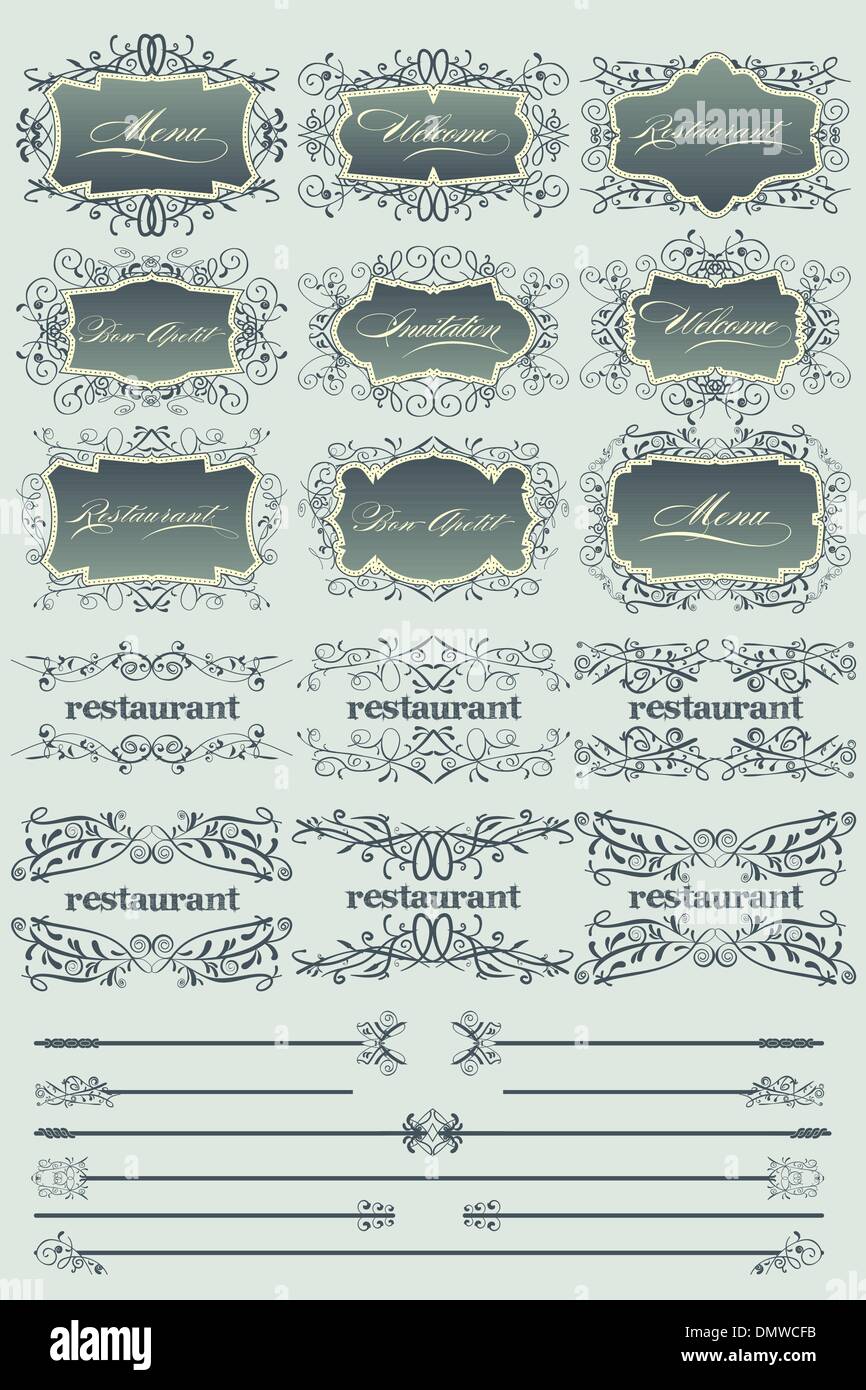 Blue vintage restaurant labels and dividers Stock Vector
