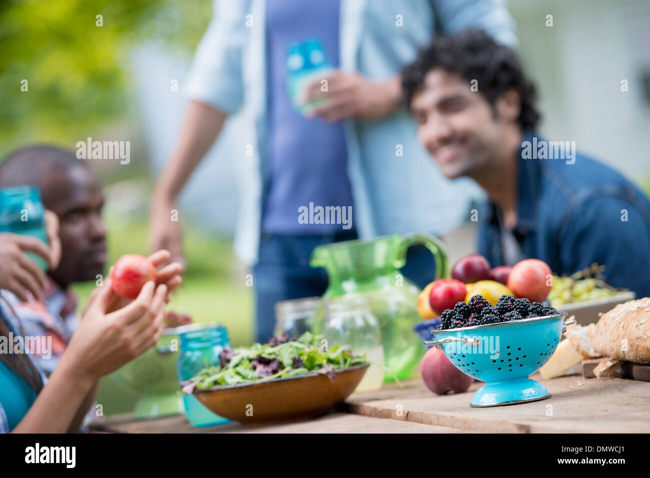 A summer party outdoors. A group of friends at a table. Stock Photo