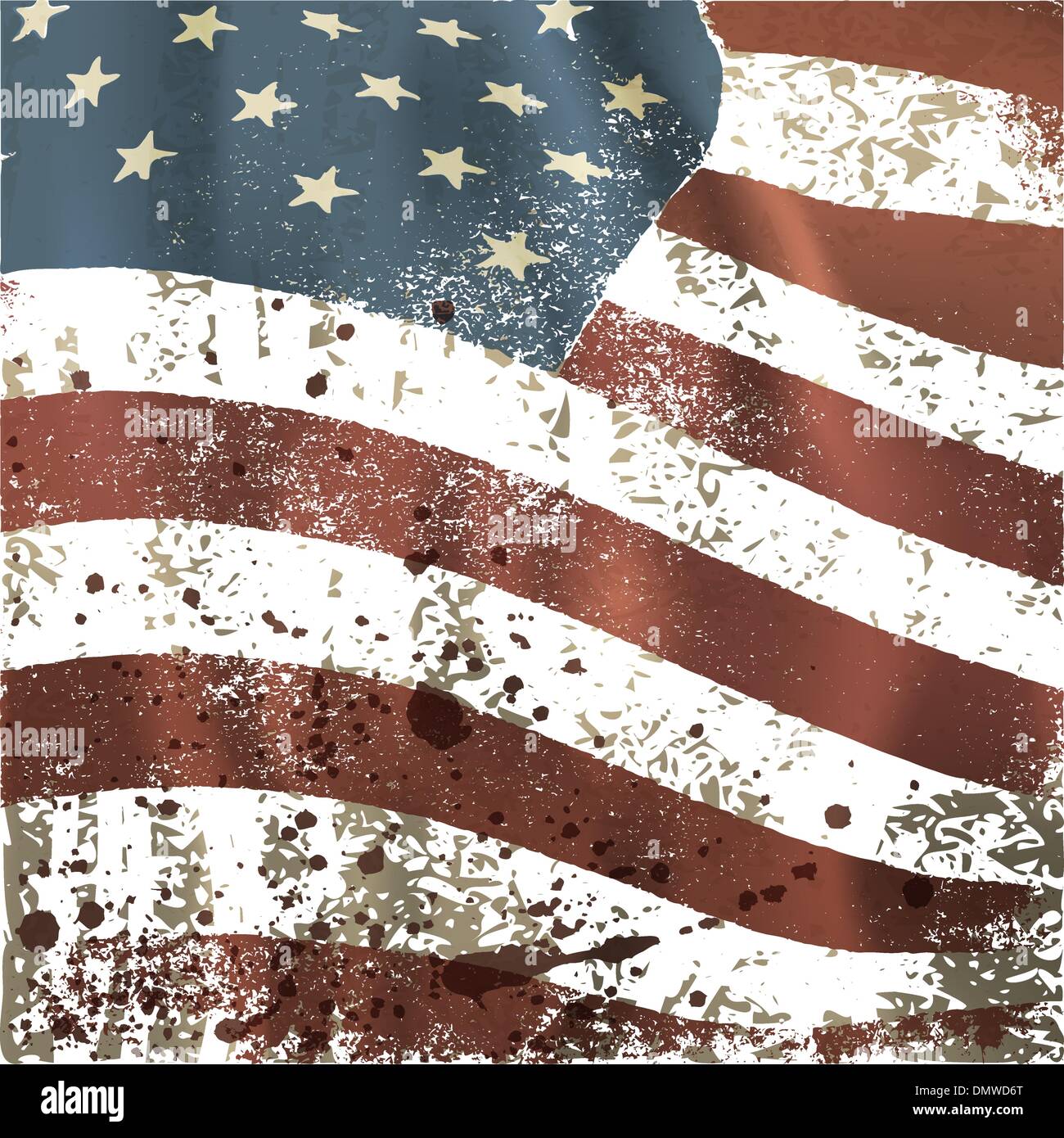 Waving vintage American flag textured background. With dry blood Stock Vector