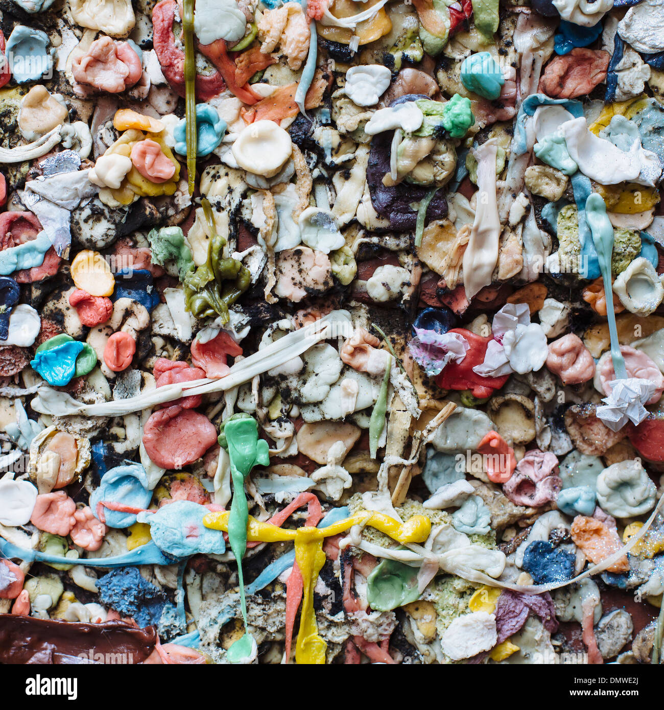Close up of chewed bubble gum stuck on Gum Wall in Pike Place market in