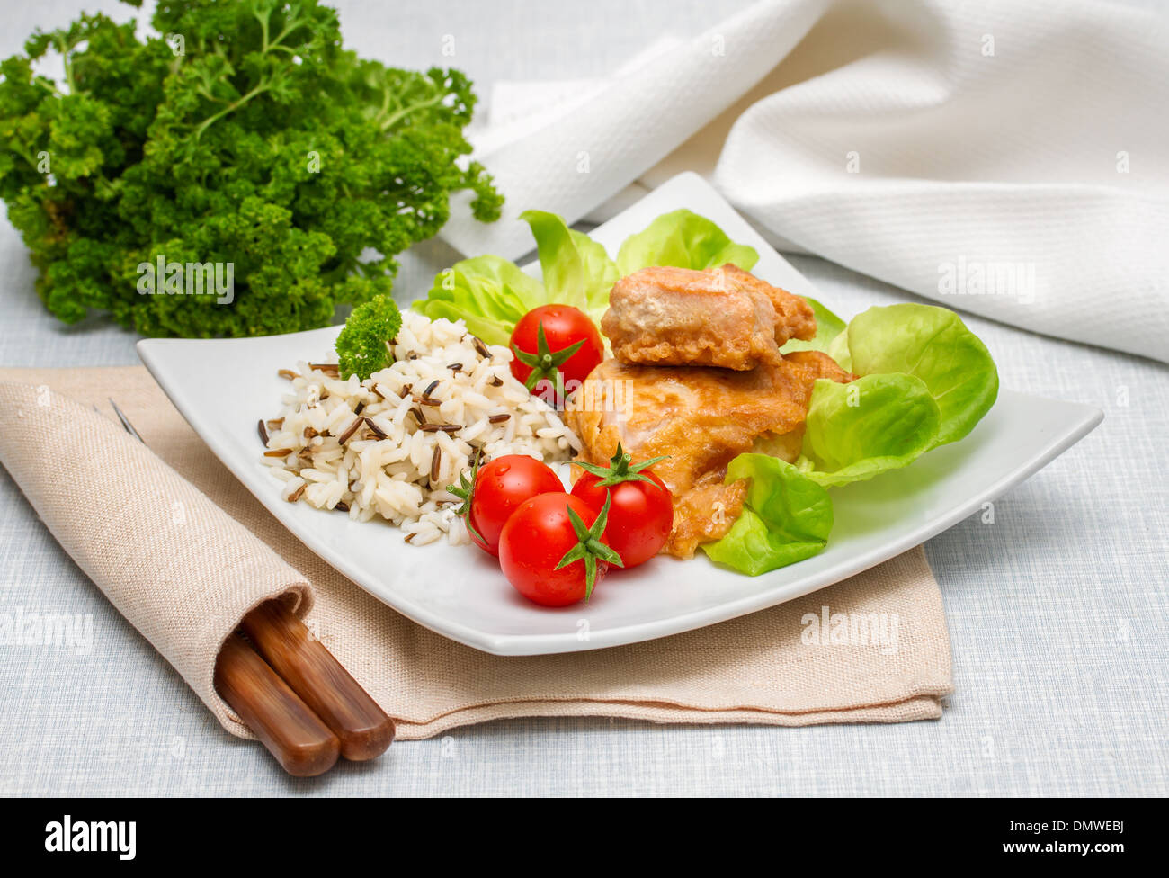 Grilled salmon fillet with rice and vegetables Stock Photo - Alamy