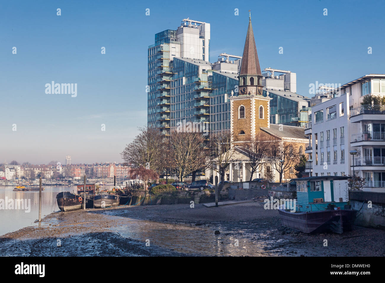London, Battersea St Mary's Church photographed in winter sunshine