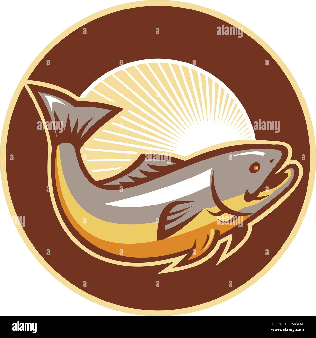 Trout Fish Jumping Sunburst Circle Stock Vector