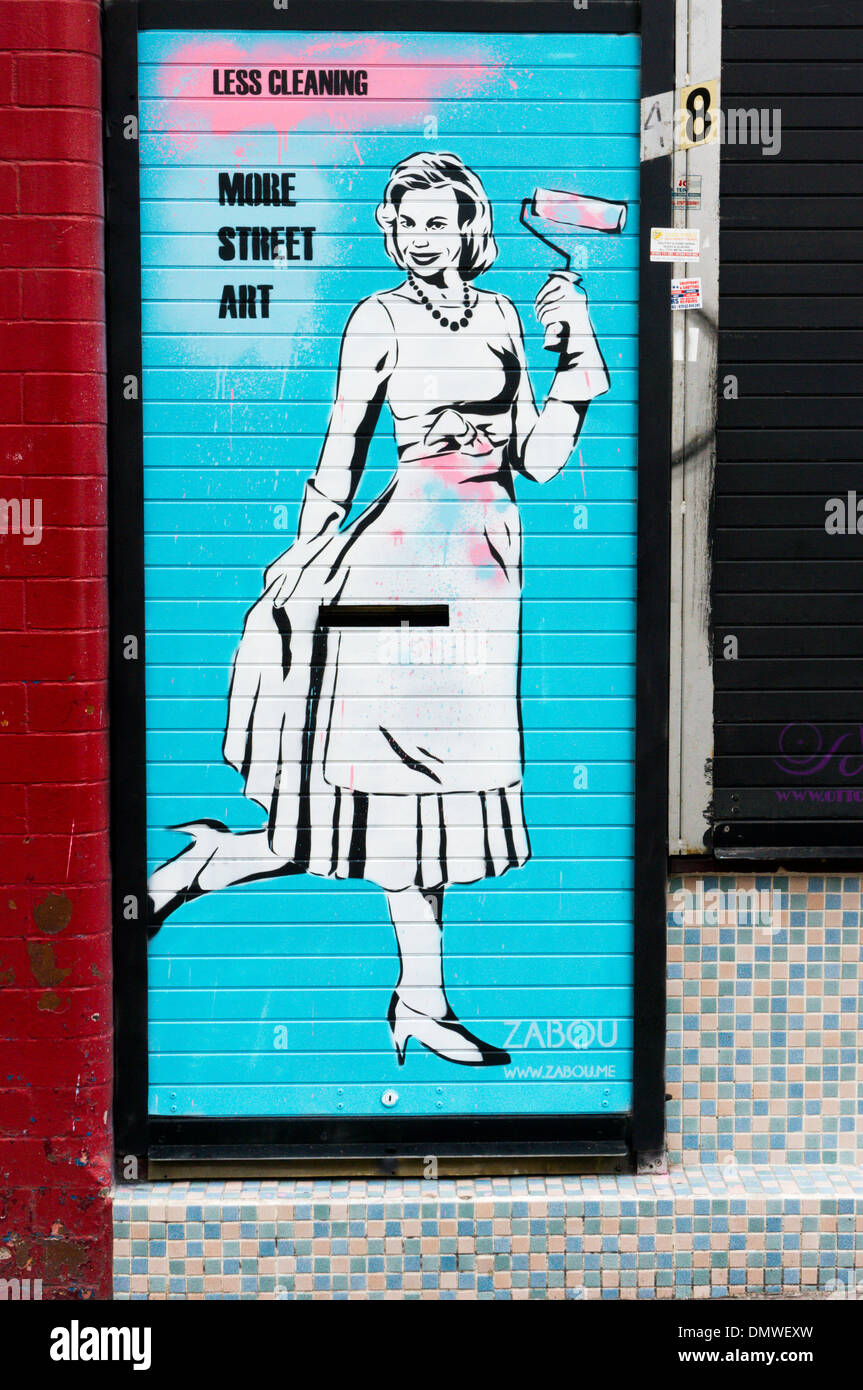 Street art by Zabou on a door in Hanbury Street, Spitalfields. Stock Photo