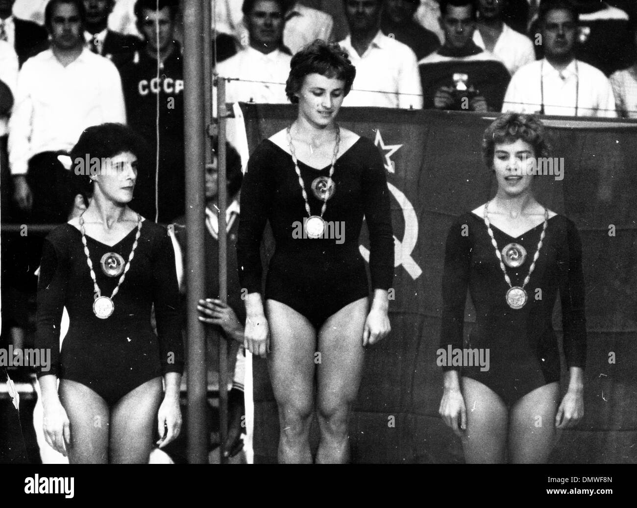 Sep. 9, 1960 - Rome, Italy - Winners of the long horse jump at the 1960 Olympic Games in Rome on the podium, all three Russian (L-R): MARGARITA NIKOLAIEVA, SOFIA MURATOVA and LARISSA LATYNINA. (Credit Image: © KEYSTONE Pictures USA/ZUMAPRESS.com) Stock Photo