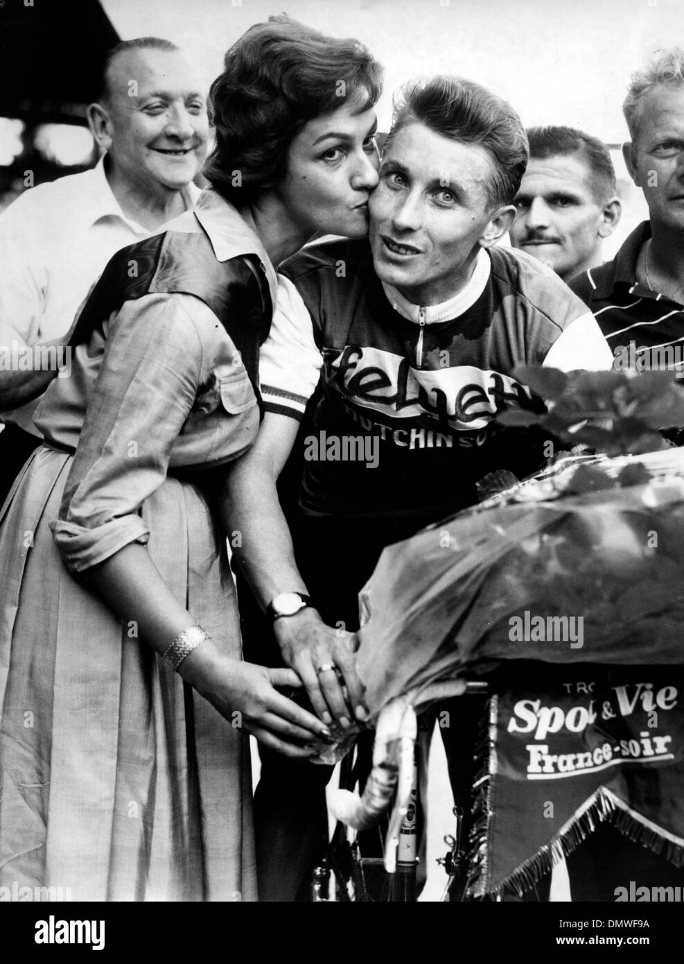 Sep. 17, 1961 - Paris, France - Famous French cyclist JACQUES ANQUETIL scored a brilliant victory in the Grand Prix Des Nations, a race over a distance of 100 Km. which he covered in 2 hours 2'' 38''. PICTURED: Jacques celebrating after his victory.  (Credit Image: © KEYSTONE Pictures USA/ZUMAPRESS.com) Stock Photo