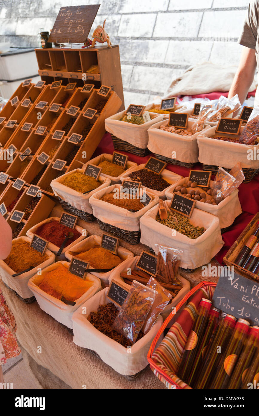 Amboise summer evening market, spice stall with pungent smells Stock ...