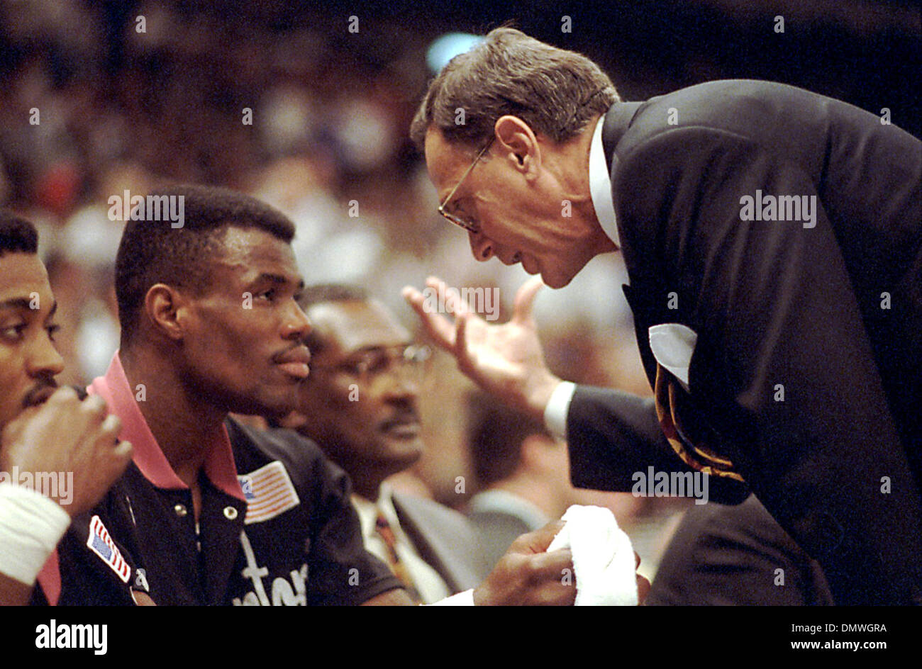 May 03, 1991; San Antonio, TX, USA; Coach Larry Brown talks to David Robinson during the Spurs vs. Golden State Game 4 Round one in Oakland-Almeada County Coliseum on May 3, 1991. Stock Photo