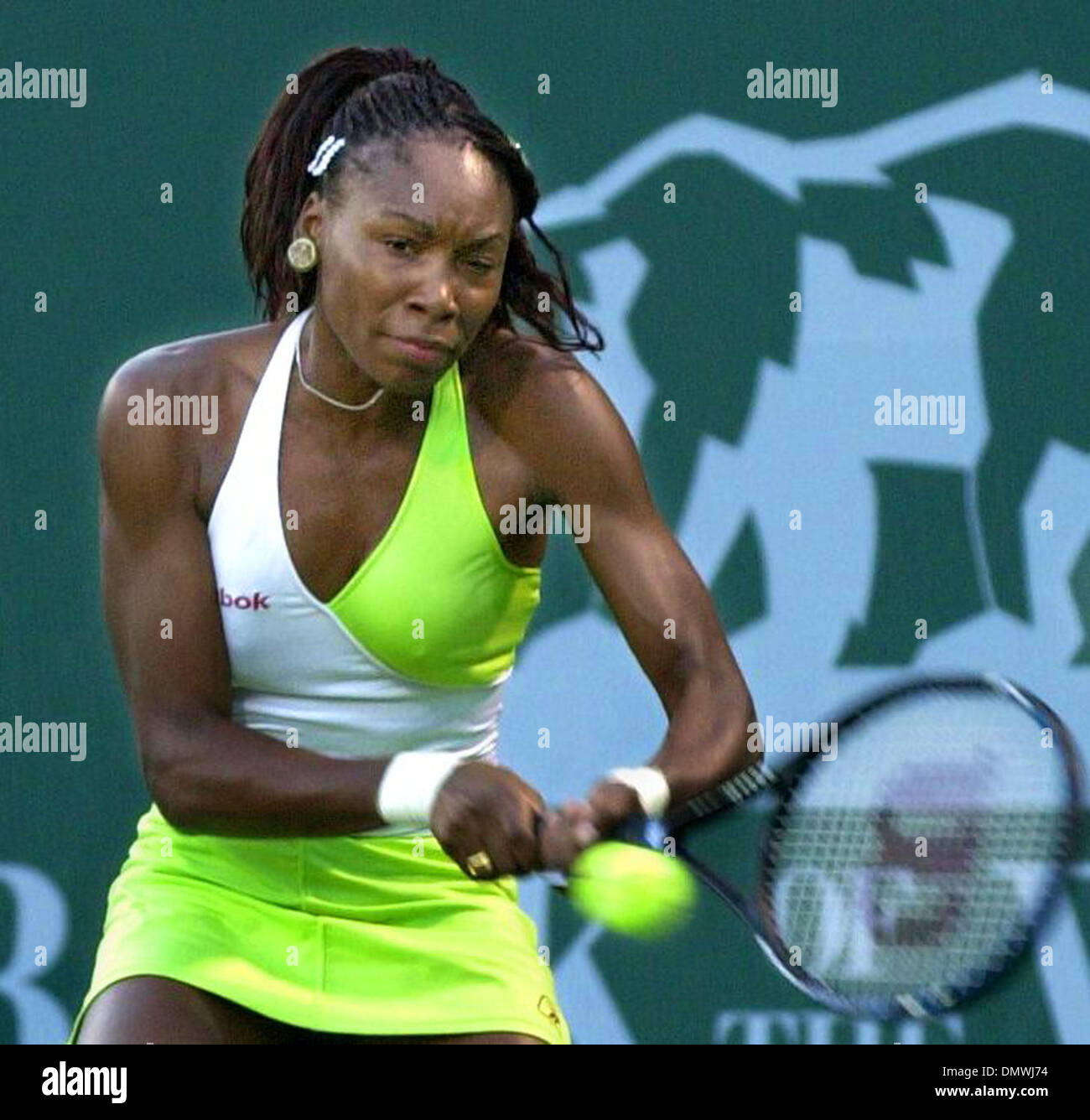 Jul 26, 2001; Palo Alto, CA, USA; Venus Williams  returns the ball during her Bank of the West Classic tennis match against Kristina Brandi  in Palo Alto Calif., on Thursday, July 26, 2001. Stock Photo