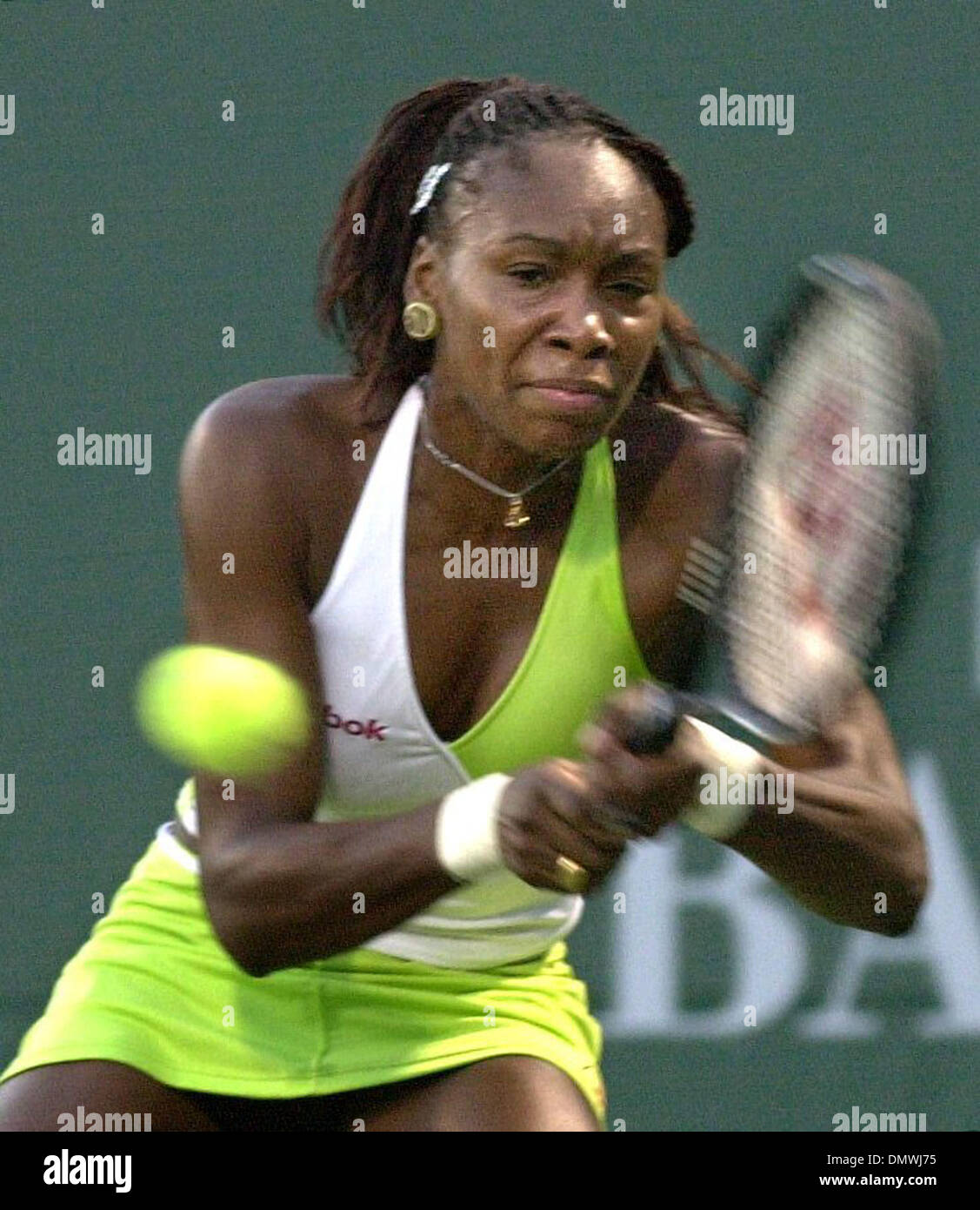 Jul 26, 2001; Palo Alto, CA, USA; Venus Williams  returns the ball during her Bank of the West Classic tennis match against Kristina Brandi  in Palo Alto Calif., on Thursday, July 26, 2001. Stock Photo