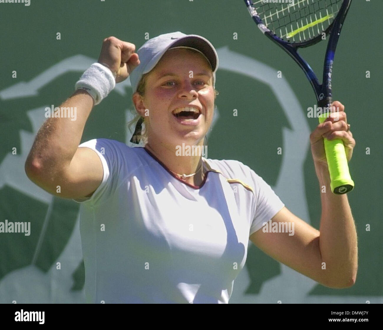 Jul 29, 2001; Palo Alto, CA, USA;Kim Clijsters (CQ) celebrates after  defeating Lindsay Davenport in the Bank of the West Classic on Sunday, July  29, 2001 at Taube Family Tennis Stadium at