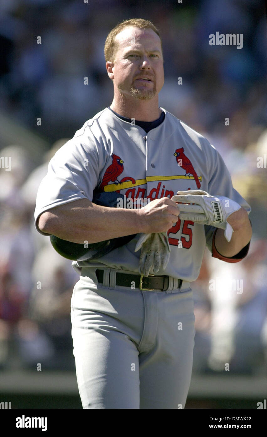 Nov 11, 2001; San Francisco, CA, USA; St. Louis Cardinals first baseman Mark  McGwire pulls off his batting gloves after striking out in the eighth  inning during game against the San Francisco