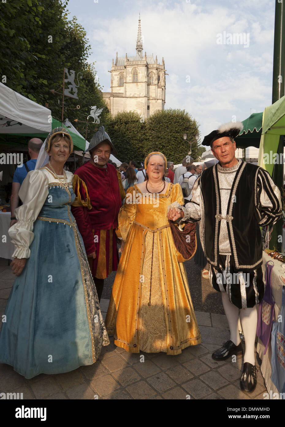 Amboise summer evening market, actors in medieval costumes, two men and ...