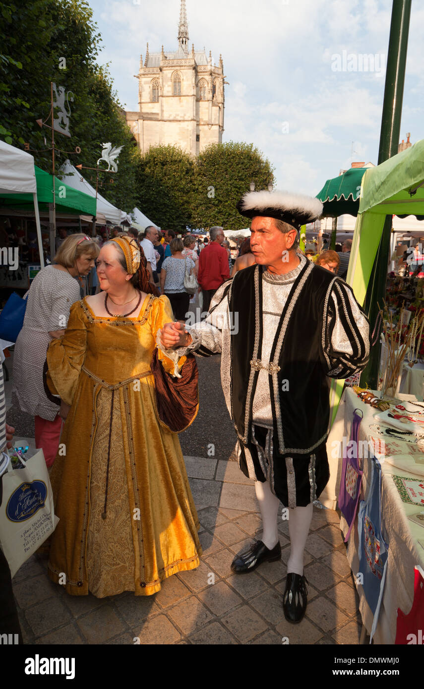 Amboise summer evening market, actors in medieval costumes, one man and ...