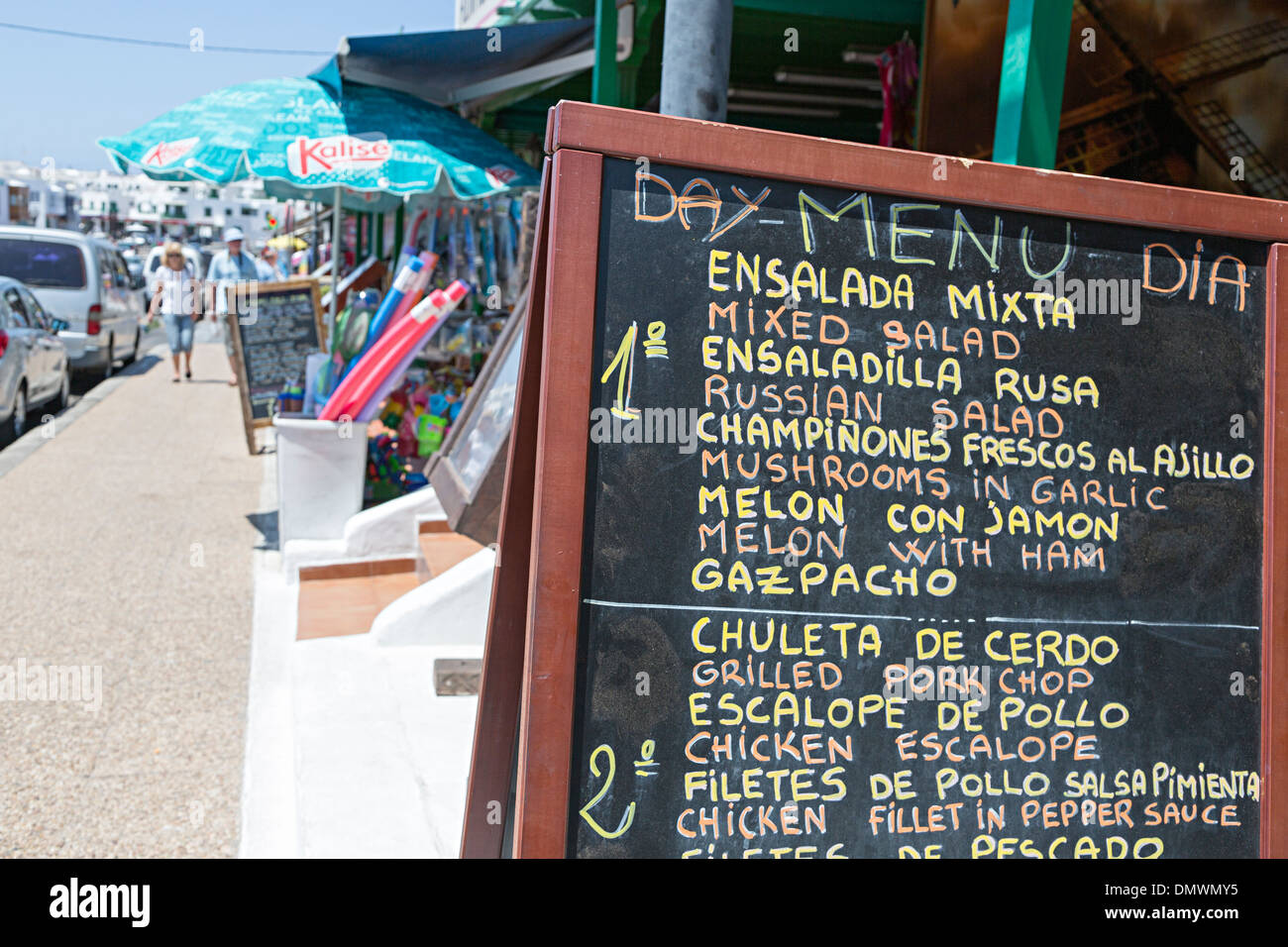 Chalkboard menu, Playa Blanca, Lanzarote, Canary Islands, Spain Stock Photo