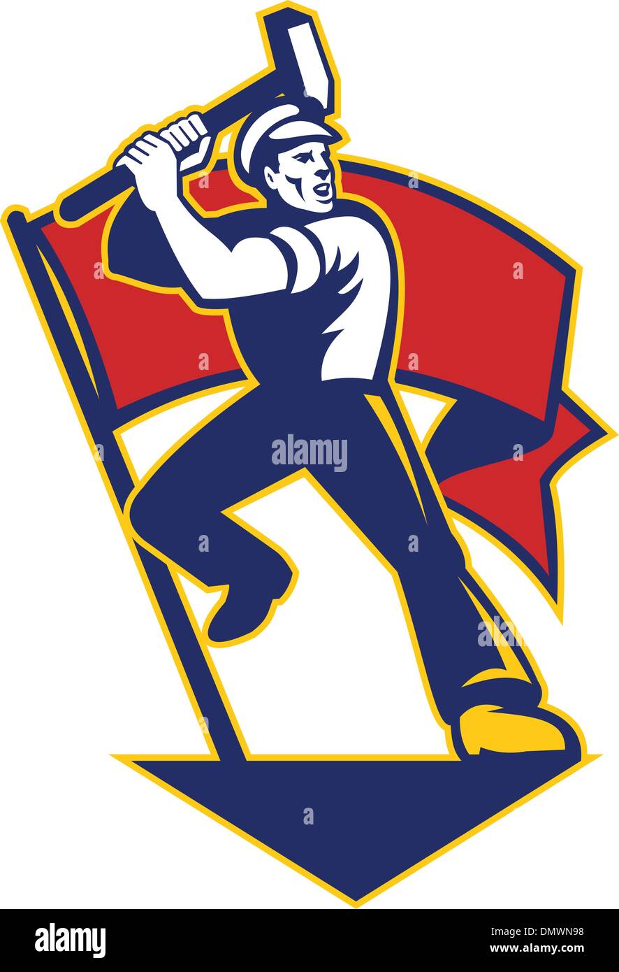 Worker With Sledge Hammer And Flag Retro Stock Vector