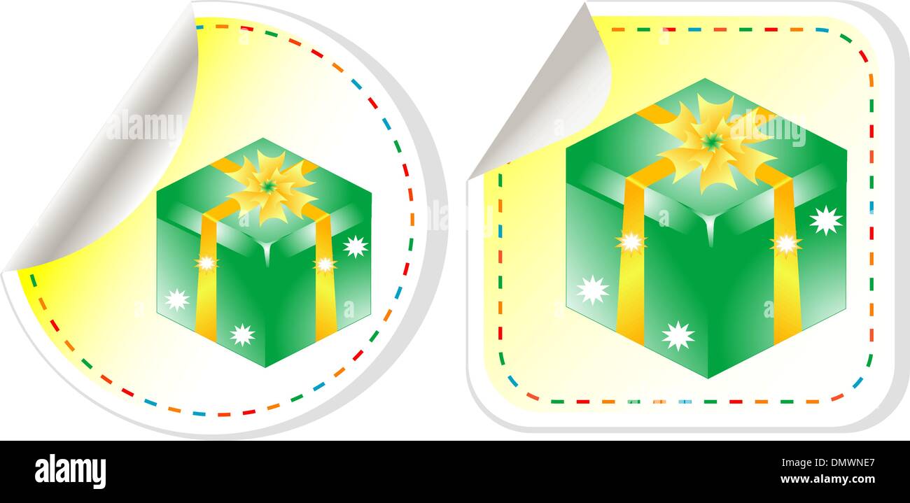 green holiday box with bow. vector sticker label set Stock Vector