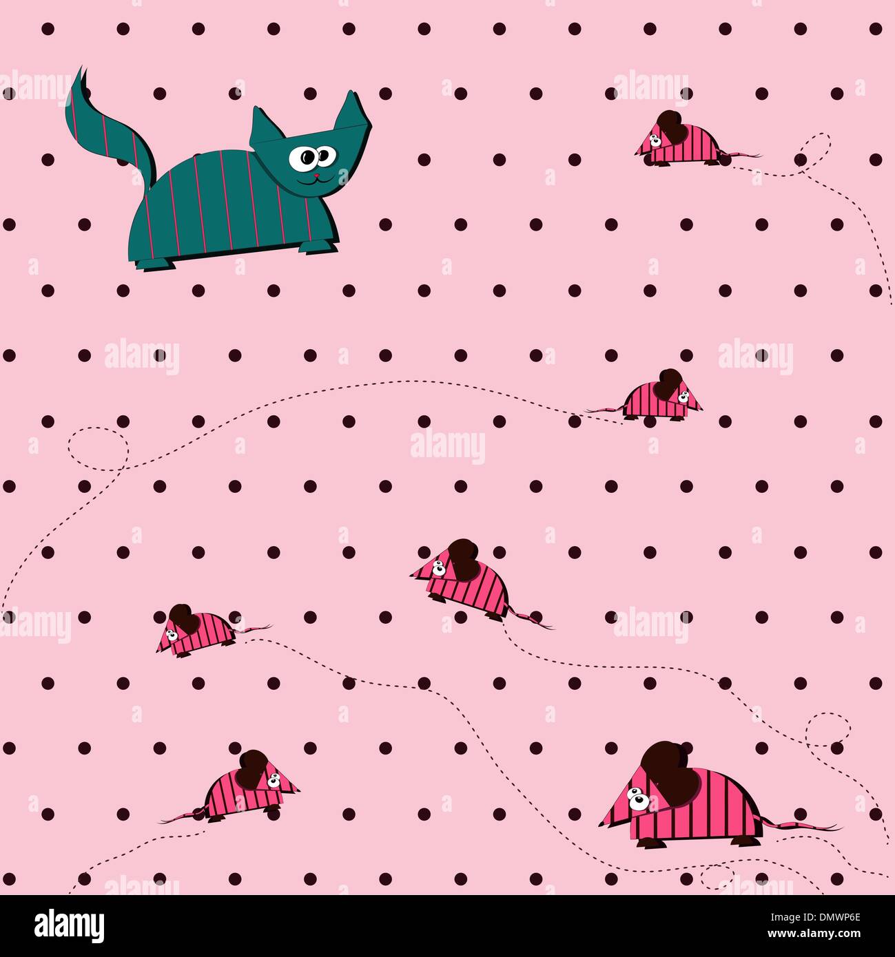 Seamless Polka Dot Background With Cat And Mouse Stock Vector Image