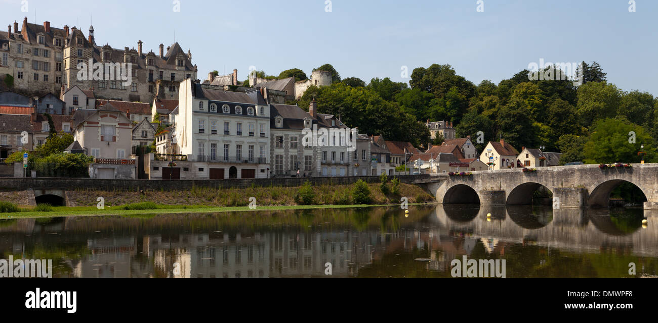 View of the Chateau Saint-Aignan from across the river looking towards the town with the bridge on the right Stock Photo