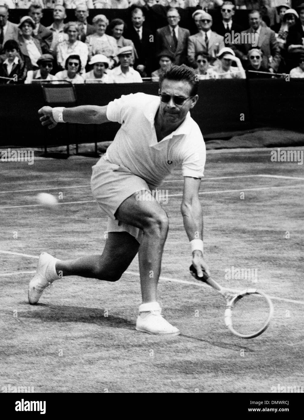 June 24, 1953 - London, England, U.K. - Tennis Champion JAROSLAV DROBNY in play against B. Bartzen at Wimbledon competition. (Credit Image: © KEYSTONE Pictures USA/ZUMAPRESS.com) Stock Photo