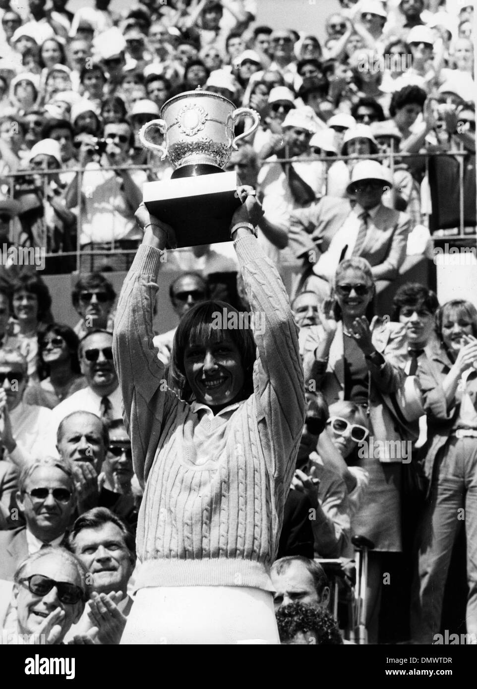June 11, 1984 - Paris, France - Tennis Star MARTINA NAVRATILOVA holds up her trophy after she wins the France Open against Chris Evert. (Credit Image: © KEYSTONE Pictures USA/ZUMAPRESS.com) Stock Photo