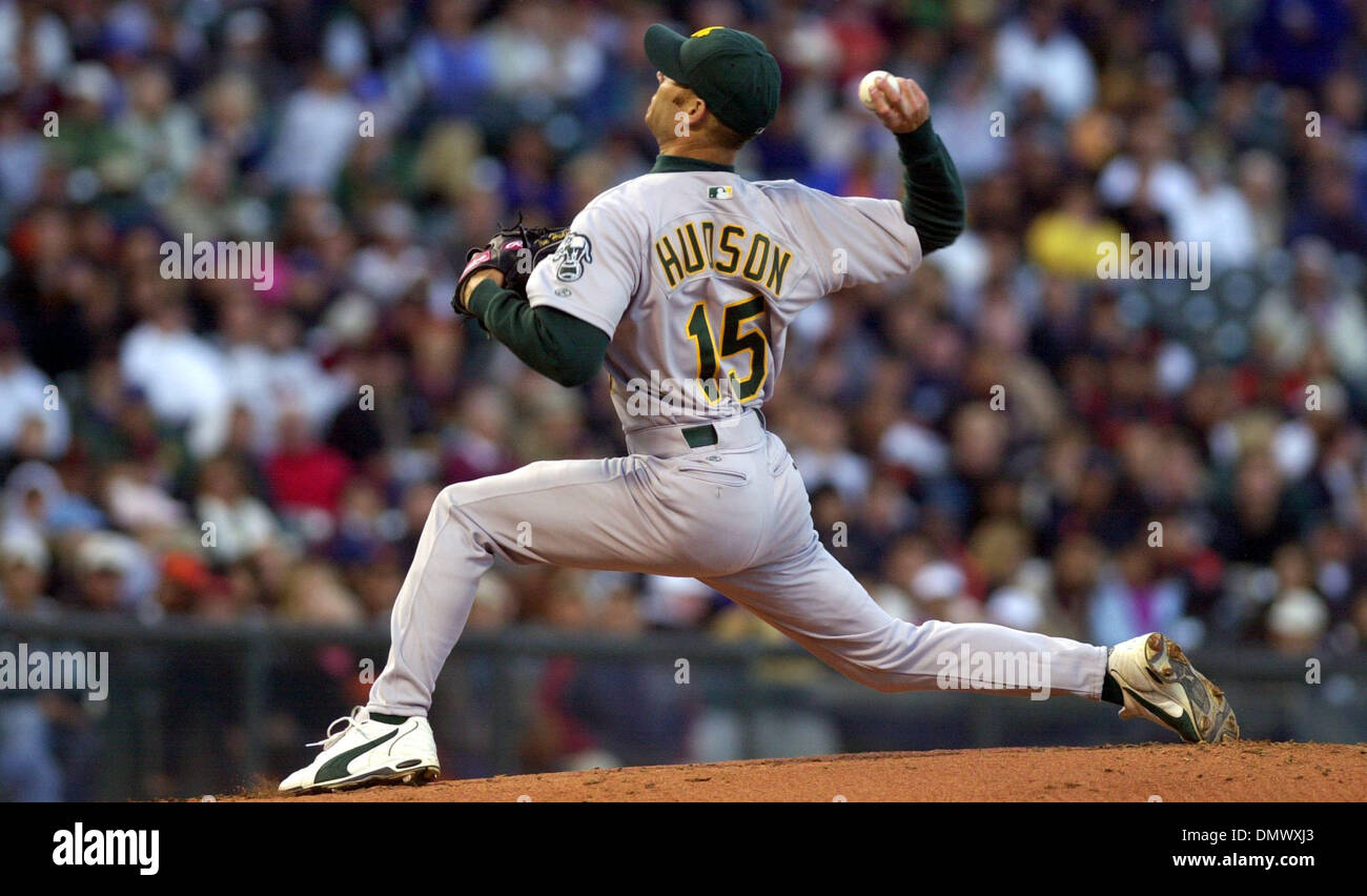 Jun 14, 2002; Oakland, CA, USA; Oakland Athletics' pitcher Tim Hudson, #15,  pitches against the San Francisco Giants' in the first inning of their game  on Friday, June 14, 2002 at Pacific