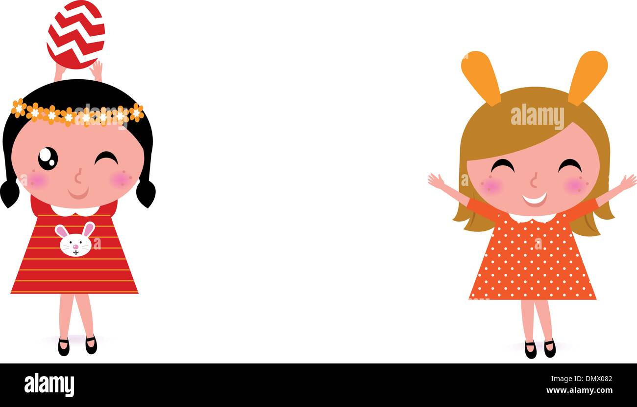 Cute retro easter kids with eggs isolated on white Stock Vector