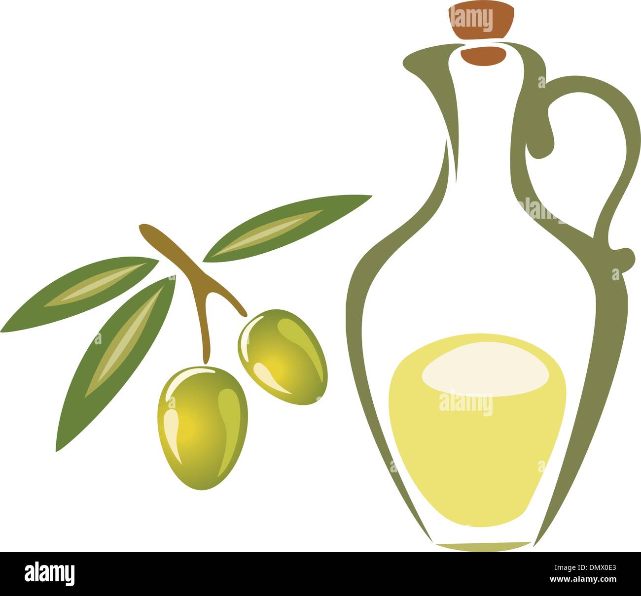 Stylized olive branch symbol, bottle with olive oil icon Stock Vector