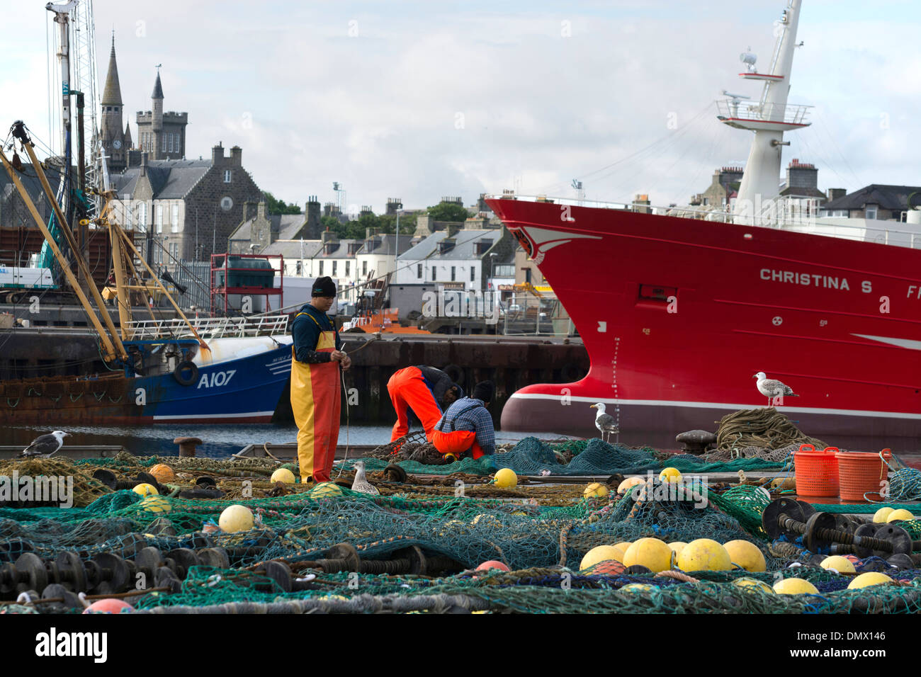 fraserburgh harbour commercial nets boats vessels Stock Photo